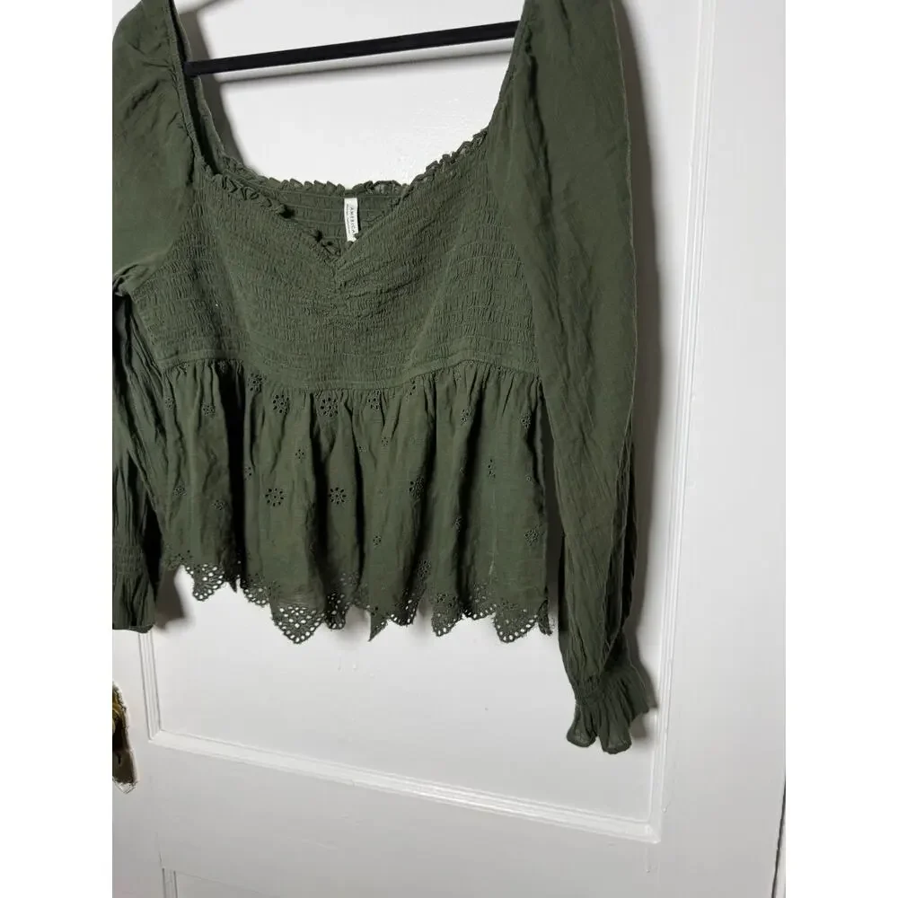 American Eagle Olive Green Smocked Boho Coastal Cowgirl Peplum Peasant Top XL - Picture 3 of 9